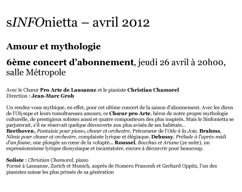 Concert d'abonnement Sinfonietta 2012 - Amour et mythologie